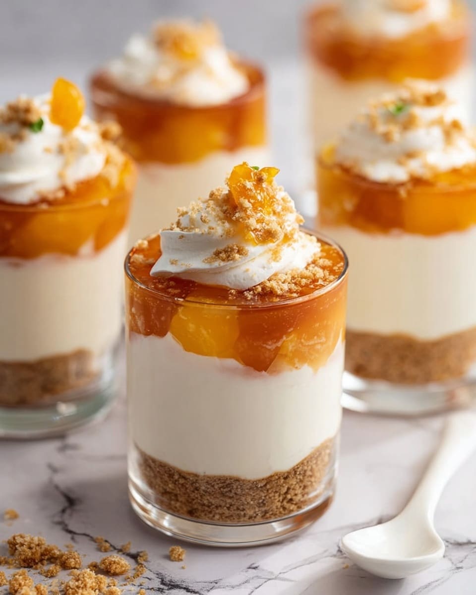 This image shows four clear glass cups filled with a three-layered dessert placed on a white marbled surface. The bottom layer is crushed light brown cookies or crumbs with a slightly rough texture. Above this is a thick, smooth white creamy layer that takes up most of the cup’s height. The top layer is a shiny, amber-colored jelly or sauce with small orange segments visible inside. Each cup is topped with a dollop of white whipped cream sprinkled with small crushed cookie pieces. One cup in the background is gently held by a woman's hand with a white spoon nearby. Photo taken with an iphone --ar 4:5 --v 7