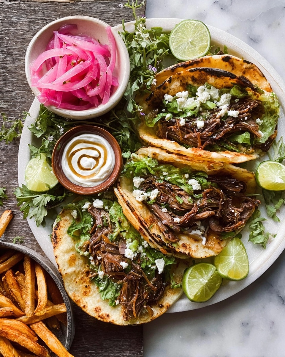 The image shows three soft, slightly charred tortillas on a white plate, each filled with shredded, dark brown meat layered at the bottom. On top of the meat, there is a layer of chopped green lettuce and some small white cheese crumbles scattered over it. The plate also has a swirl of white sour cream with a hint of brown seasoning in a small brown bowl placed in the center-top area. Around the sour cream, there are bright green lime wedges and fresh green herb sprigs with tiny white flowers. To the left side of the plate, there is a small white bowl filled with thin slices of pink pickled onions with a liquid base. In the bottom left corner, there is a pile of golden-brown fries partially visible with a lime wedge on the white marbled surface. The photo is taken with an iphone --ar 4:5 --v 7