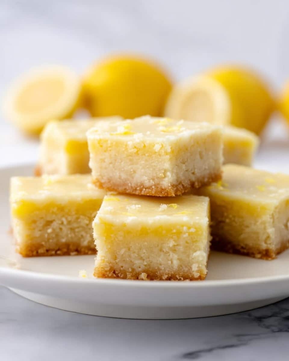 There are several small square lemon bars stacked on a white plate. Each bar has two layers: a pale yellow top layer that looks smooth and slightly shiny, and a light yellow bottom layer with a soft, crumbly texture. The bars are unevenly stacked, showing the thickness and texture of each piece. The background includes a soft-focus view of whole lemons on a white marbled surface. photo taken with an iphone --ar 4:5 --v 7