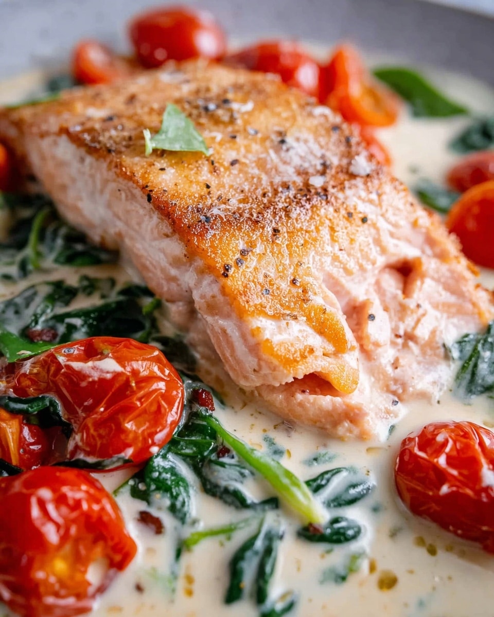A close-up of a cooked salmon fillet with a golden crust on top, showing a flaky texture with light pink inside. The salmon is placed in creamy white sauce mixed with green spinach leaves. Around the salmon, there are bright red cherry tomatoes, some whole and some slightly soft, also covered with creamy sauce. The food is served on a white plate with a white marbled texture background. photo taken with an iphone --ar 4:5 --v 7