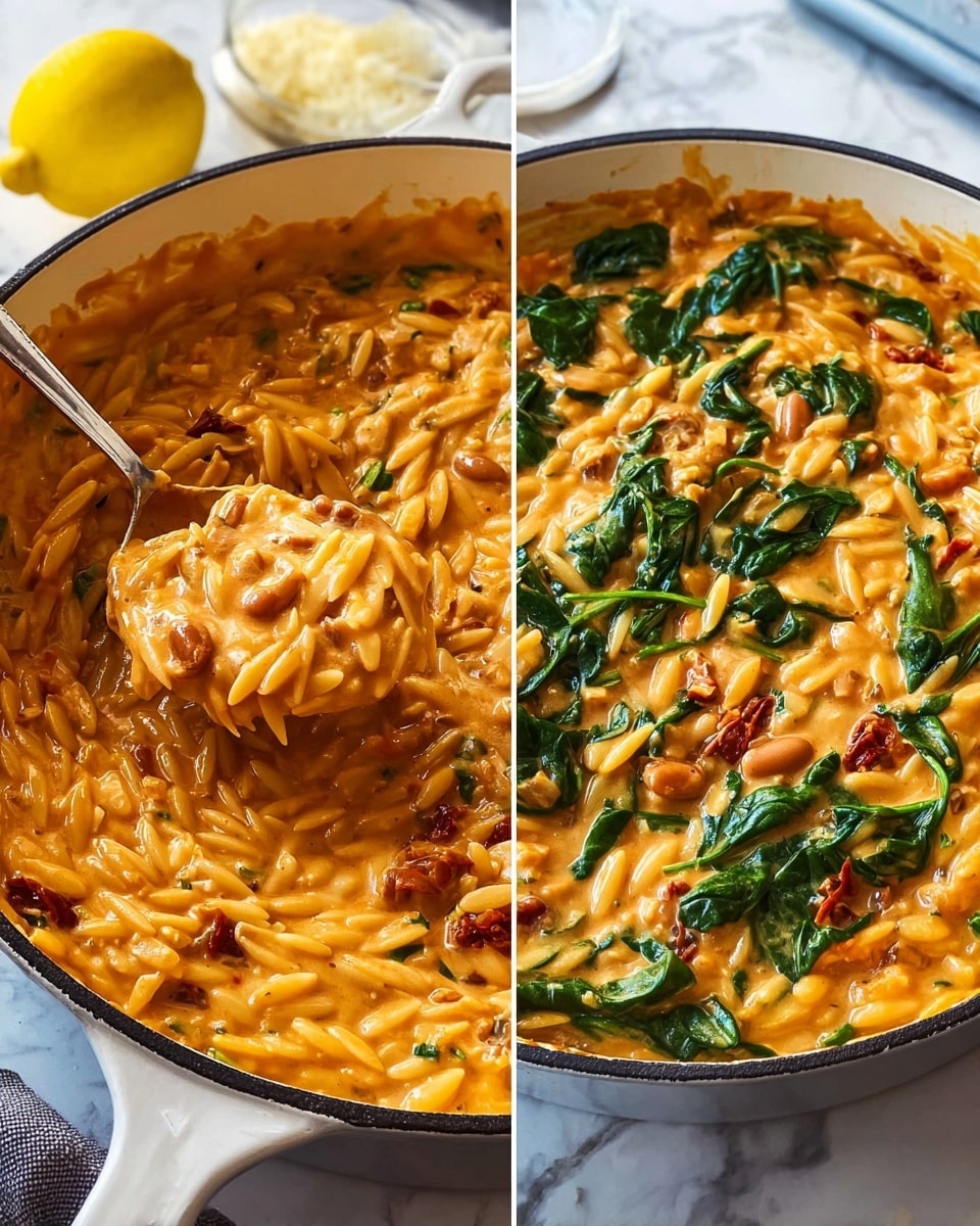 The image shows a close-up of a white pan filled with creamy, orange-colored orzo pasta mixed with small pieces of browned sun-dried tomatoes and white beans throughout. On the right side of the pan, bright green spinach leaves add color and texture to the dish, making it look fresh and vibrant. The orzo has a smooth, thick sauce coating each piece, making the pasta look rich and creamy. The pan is placed on a white marbled surface, with a yellow lemon and a wedge of cheese visible near the handle. A silver spoon is partly inside the pan, lifting some of the pasta layers, revealing the mix of ingredients. Photo taken with an iphone --ar 4:5 --v 7