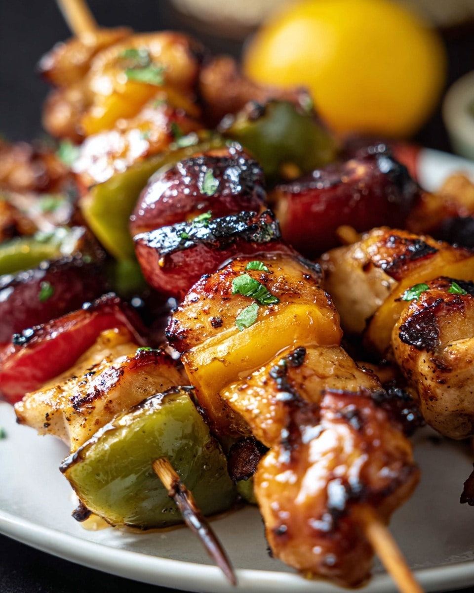 The image shows close-up grilled skewers placed on a white plate with a slight shine. Each skewer has pieces of golden-brown grilled chicken, alternating with dark red grilled fruit and green pepper slices, giving a bright contrast. The chicken pieces look juicy with some char marks, and the fruits appear caramelized and slightly shiny. The white marbled surface contrasts with the warm colors of the skewers, and a blurred yellow fruit is visible in the background. The wrong slight reflections on the plate enhance the fresh, sizzling look of the meal. photo taken with an iphone --ar 4:5 --v 7