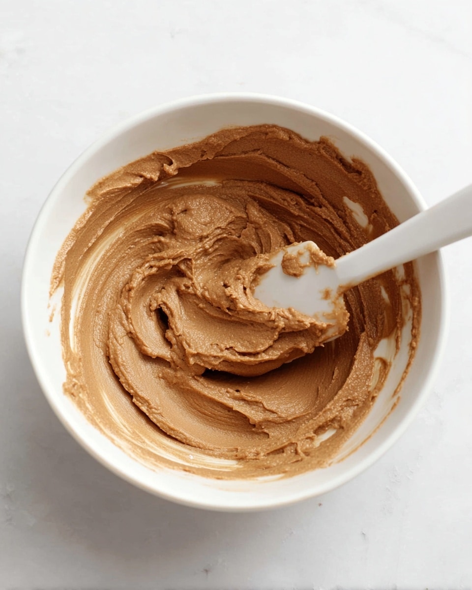 A close-up of a white bowl filled with a thick, smooth, brown paste that has been spread and swirled inside the bowl. A white spatula rests partially inside the bowl, with some paste clinging to its flat edge. The bowl sits on a white marbled textured surface, and the lighting highlights the creamy texture of the paste and the clean white bowl. photo taken with an iphone --ar 4:5 --v 7