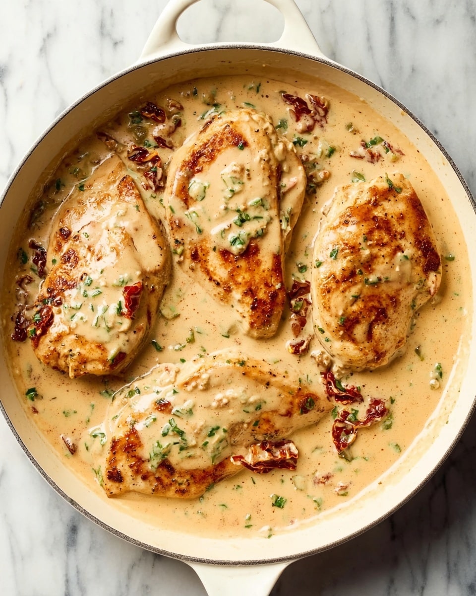 A white plate holds three main parts: on the left side is one piece of golden brown cooked chicken covered by a creamy light brown sauce with small bits of green herbs and red sun-dried tomatoes; on the top right side is a generous scoop of white mashed potatoes topped with the same sauce and sprinkled with black pepper; on the bottom right side are bright green cooked green beans also drizzled with creamy light brown sauce. The plate sits on a white marbled surface. photo taken with an iphone --ar 4:5 --v 7