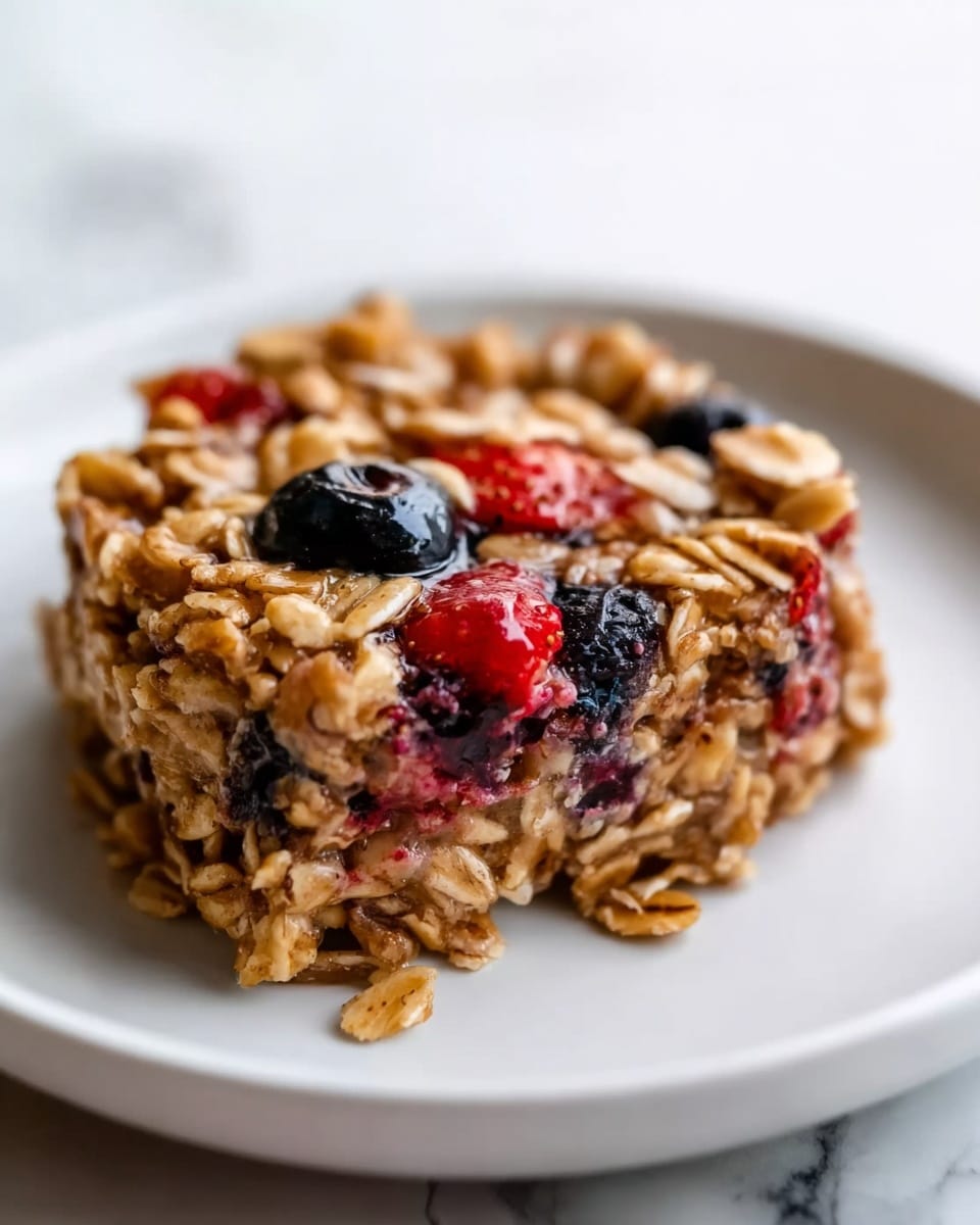 The image shows a white rectangular baking dish filled with a baked oatmeal dish. The oatmeal layer is golden brown with a rough texture, mixed evenly with dark blue blueberries and small red berries spread across the surface. The dish is placed on a white marbled surface with a small part of a green cloth peeking from the bottom left side. Photo taken with an iphone --ar 4:5 --v 7