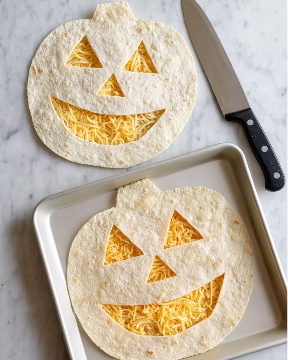 The image shows two layers of a pumpkin-shaped tortilla on a white marbled surface. The top layer is a whole tortilla carved with three triangle-shaped holes for eyes and nose and a jagged smile for the mouth, placed next to the cut-out shapes and a knife with a black handle. The second layer, placed inside a white baking tray, has shredded yellow cheese seen through the carved-out face of the tortilla. The pumpkin shapes are light beige with a slightly rough texture. Photo taken with an iphone --ar 4:5 --v 7
