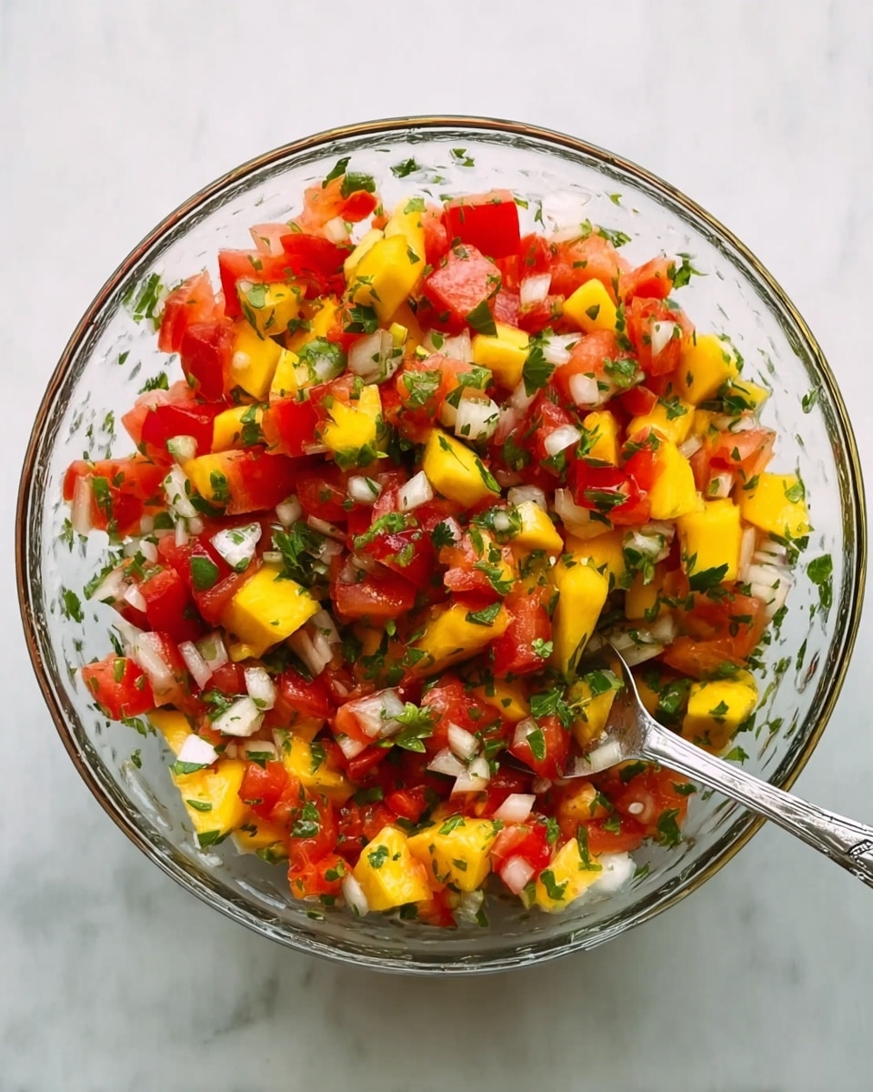 A clear glass bowl filled with a vibrant salsa mix containing three main layers of diced ingredients: bright red tomatoes, yellow mango chunks, and small white pieces of onion, all topped with freshly chopped green herbs scattered evenly throughout. A silver spoon rests inside the bowl, and the bowl is placed on a white marbled surface. Photo taken with an iphone --ar 4:5 --v 7