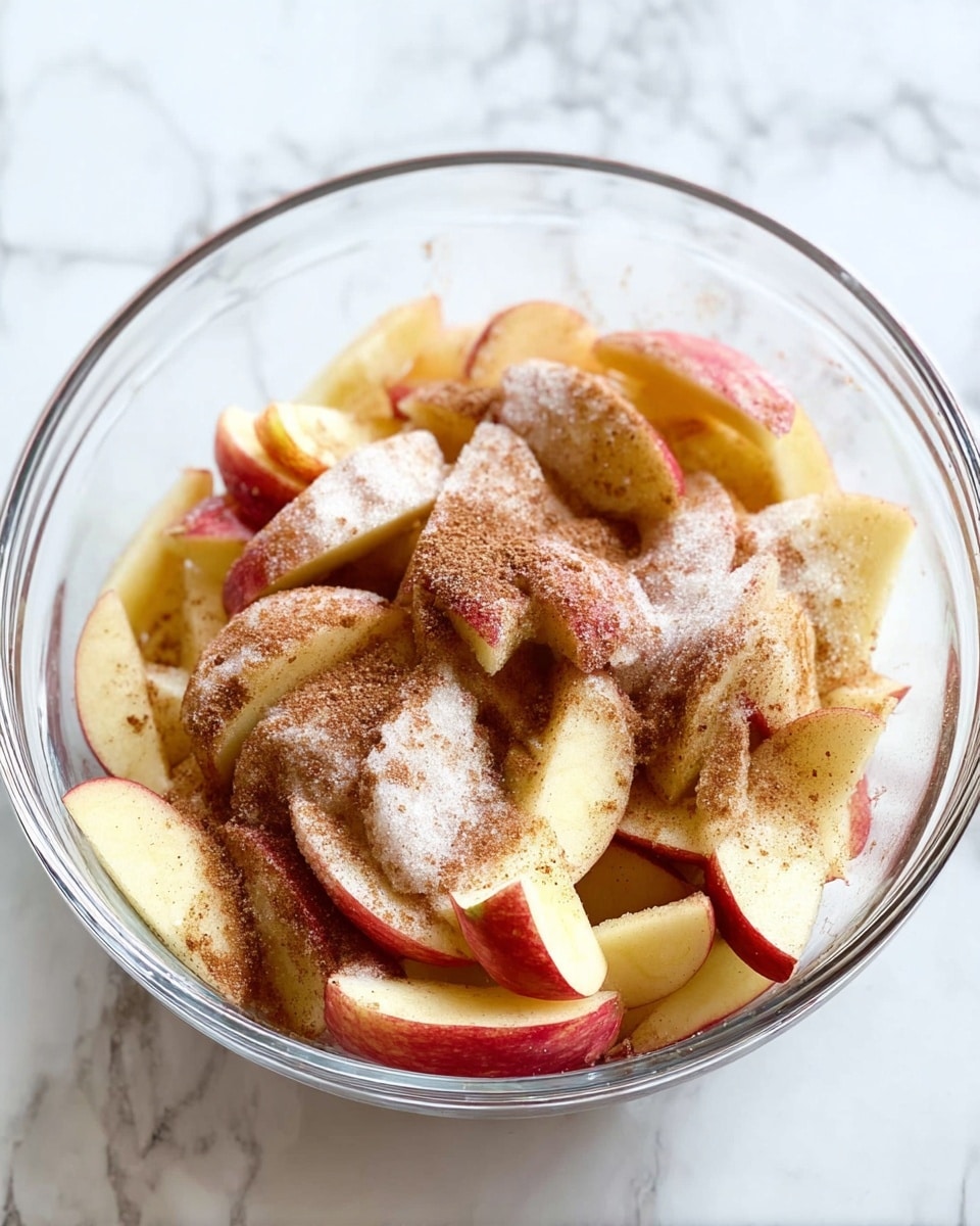 A clear glass bowl sits on a white marbled surface, filled with multiple slices of fresh apple. Each apple slice has red skin and pale yellow flesh, and they are covered lightly with a dusting of white sugar and a brown powder, likely cinnamon. The apple slices are layered loosely, showing some overlap but mostly spread evenly throughout the bowl. The scene looks bright and natural as if the photo was taken with an iphone --ar 4:5 --v 7