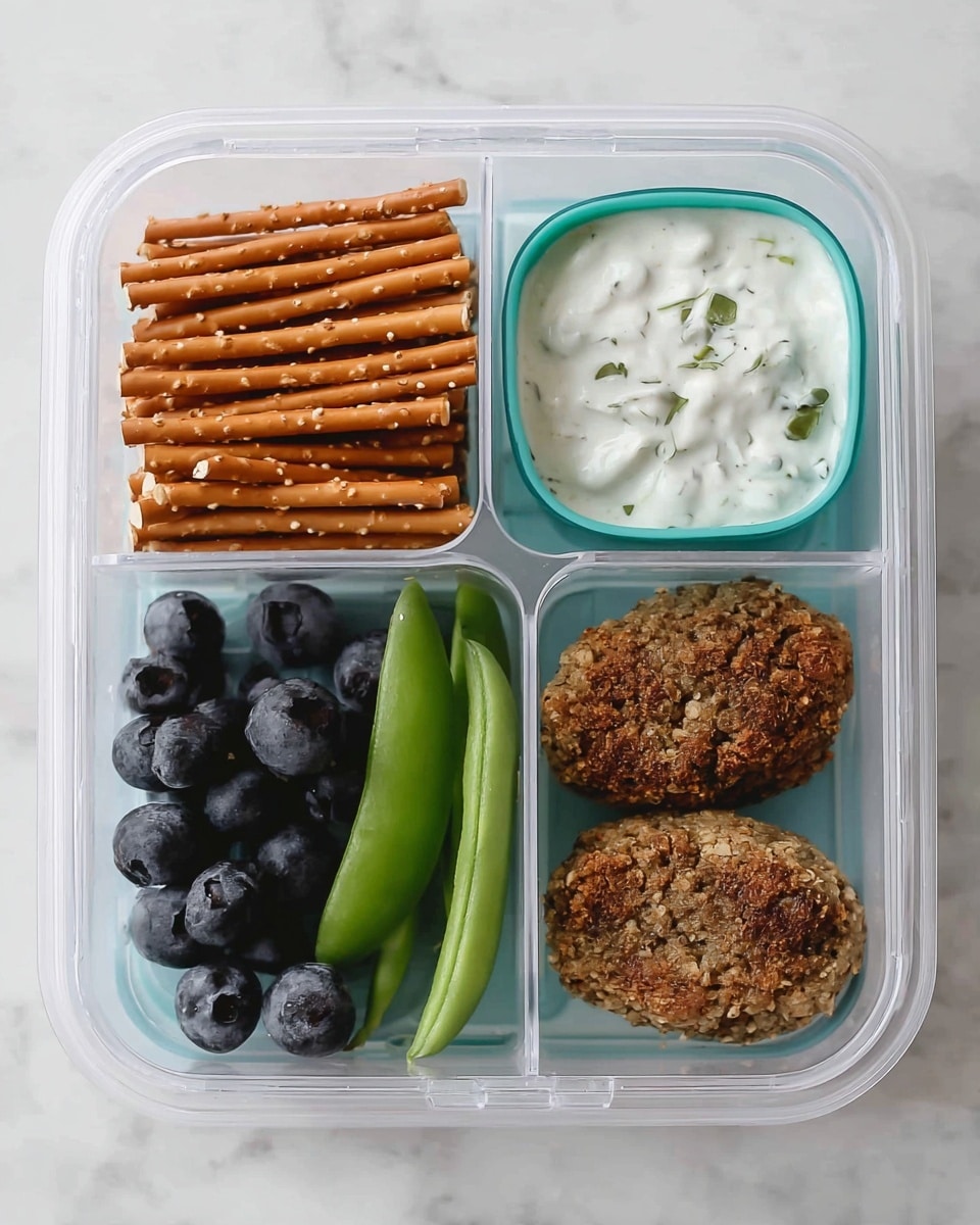 A clear plastic divided lunchbox with four sections sitting on a white marbled surface. The top left section holds thin, light brown pretzel sticks stacked neatly. The top right section contains a creamy white dip with green herbs mixed in, showing a smooth, slightly chunky texture. The bottom left section is filled with round, dark blue blueberries and a few elongated, bright green sugar snap peas placed on the side. The bottom right section has two oval-shaped, brown falafel patties with a rough, crumbly surface placed side by side. photo taken with an iphone --ar 4:5 --v 7