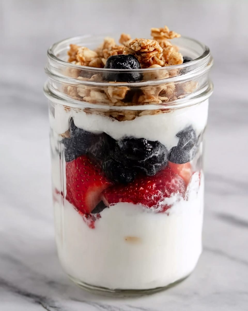 A clear glass jar filled with four visible layers starting from the bottom with plain white yogurt, followed by a mixed layer of dark blackberries and red strawberries partially covered by more white yogurt. Above that is another layer of dark berries with some red berry pieces, and the top layer consists of light brown granola clusters with a few dark berries peeking through. The background is a white marbled texture. Photo taken with an iphone --ar 4:5 --v 7