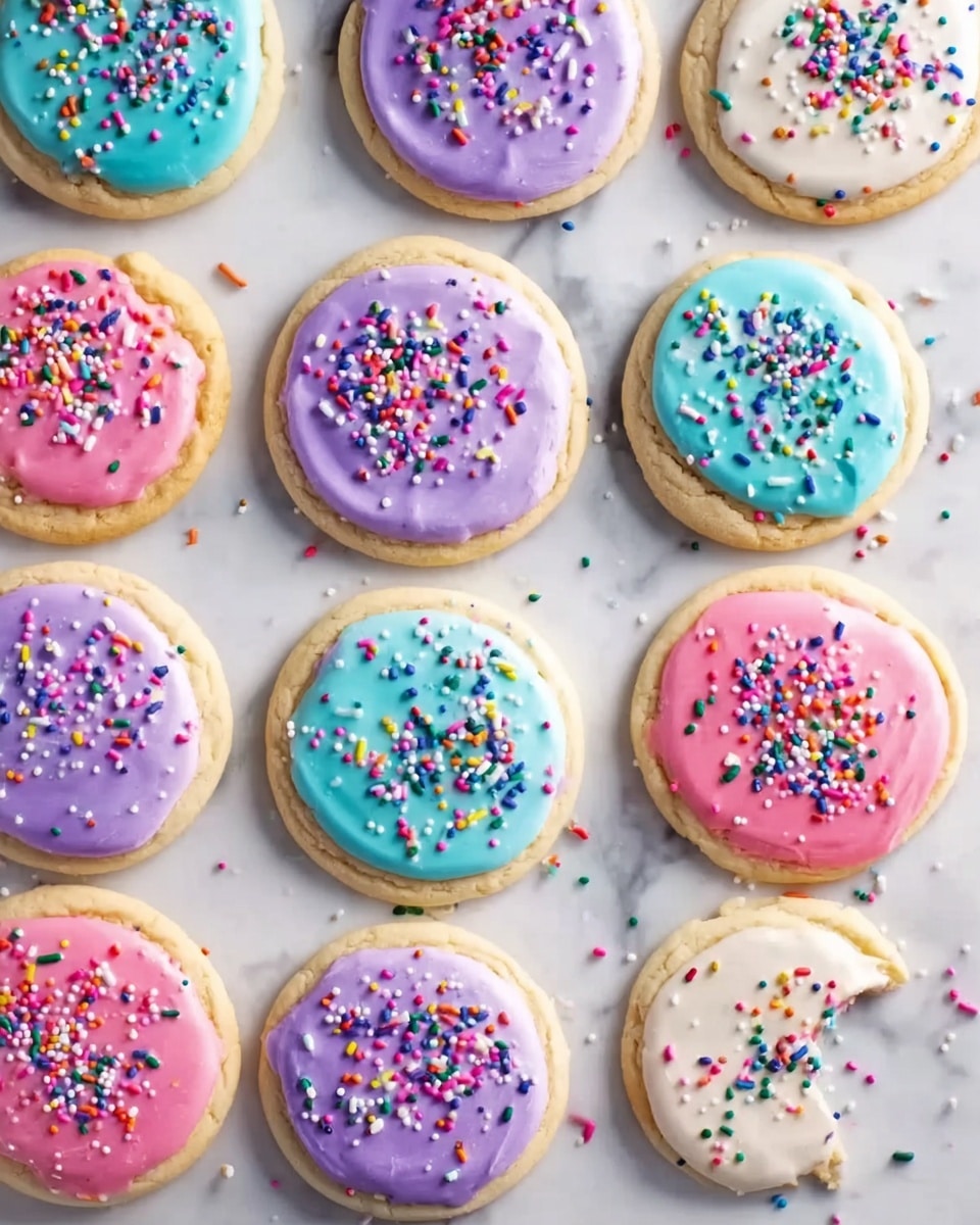 The image shows twelve round cookies arranged in a loose grid on a white marbled surface. Each cookie has a smooth layer of colorful icing in four different colors: purple, blue, pink, and white, with random sprinkles of various colors scattered evenly on top. The icing layers cover most of each cookie's surface, creating a soft, glossy texture. The cookies' edges are light brown and slightly rough, contrasting with the bright, smooth icing. Some sprinkles have fallen around the cookies on the surface, adding a playful touch. photo taken with an iphone --ar 4:5 --v 7
