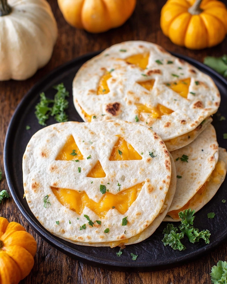The image shows three pumpkin-shaped quesadillas stacked on a black plate placed on a wooden table. Each quesadilla is made with two light beige tortillas. The top tortilla has cut-out shapes of a jack-o'-lantern face, revealing the bright orange cheese melted inside, which acts as the second layer. Small green herb bits are sprinkled over the quesadillas. Around the plate, there are small whole pumpkins and scattered green leaves adding to the autumn theme. photo taken with an iphone --ar 4:5 --v 7