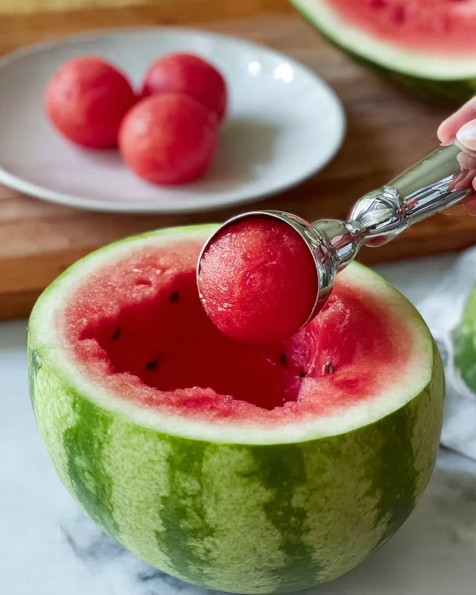 A watermelon is cut in half with the inner red flesh scooped out, showing one deep hollowed layer surrounded by a light green rind and a darker green outer skin. Inside, a metal melon baller with shiny silver is scooping the red watermelon balls, one watermelon ball already placed on a white plate in the background resting on a wooden table. A woman’s hand holds the melon baller as the scene is set against a white marbled texture surface. The watermelon flesh looks juicy with visible seeds and a textured surface. Photo taken with an iphone --ar 4:5 --v 7