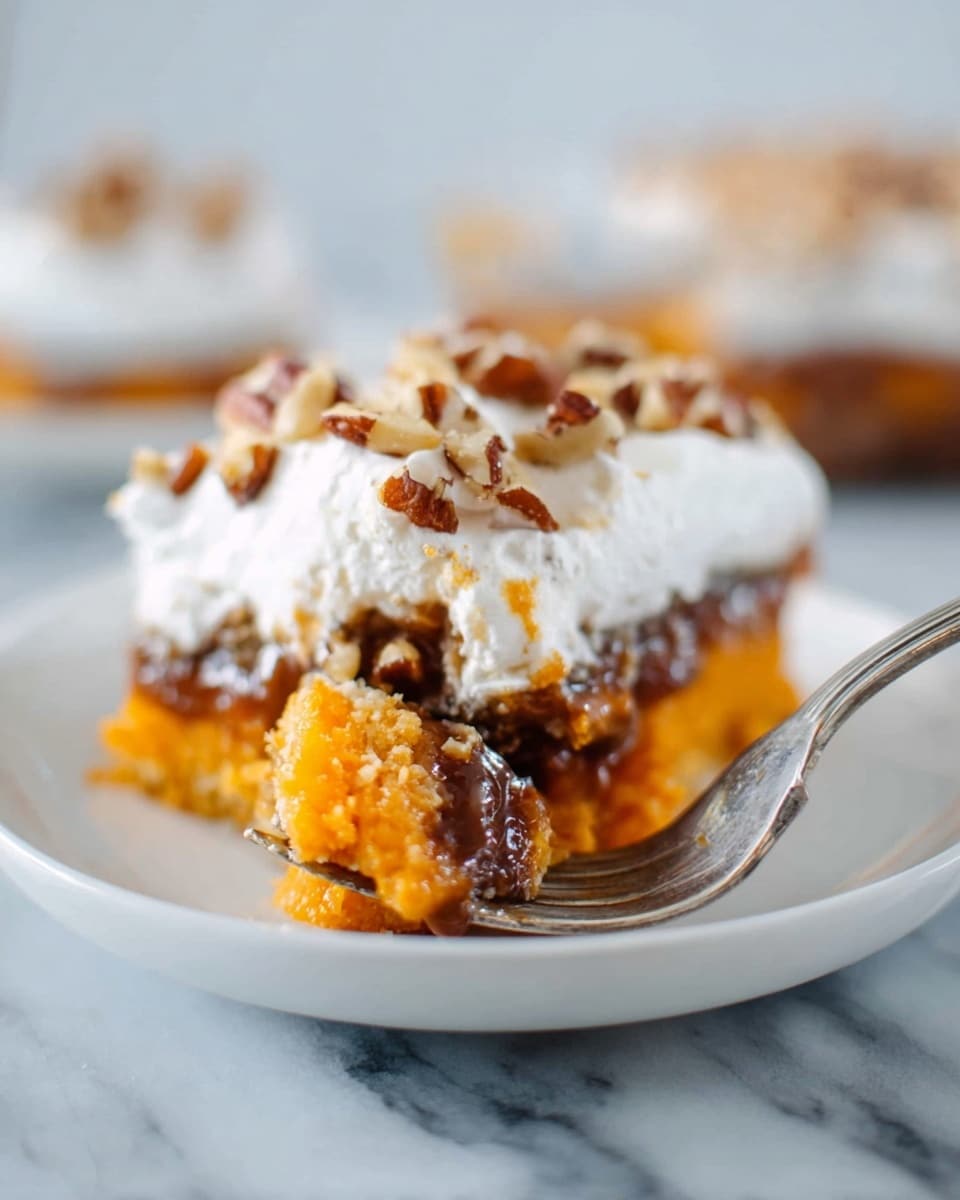 A close-up view of a fork holding a bite of a layered dessert. The bite shows an orange, soft, and slightly chunky bottom layer, followed by pieces of nuts with a shiny dark brown glaze in the middle. On top, there is a fluffy white cream layer. In the background, a white plate with the same dessert is visible, placed on a white marbled surface. Photo taken with an iphone --ar 4:5 --v 7