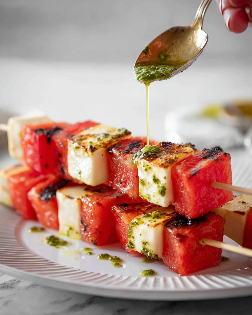 Grilled skewers with three layers: bright red watermelon cubes at the bottom with a slightly charred texture, followed by creamy white cubes of grilled cheese with golden-brown edges, and more watermelon cubes on top. A woman's hand holds a spoon above the skewers, dripping a thin stream of green herb sauce onto the watermelon. The skewers rest on a white plate with thin ridges, placed on a white marbled surface. Photo taken with an iphone --ar 4:5 --v 7