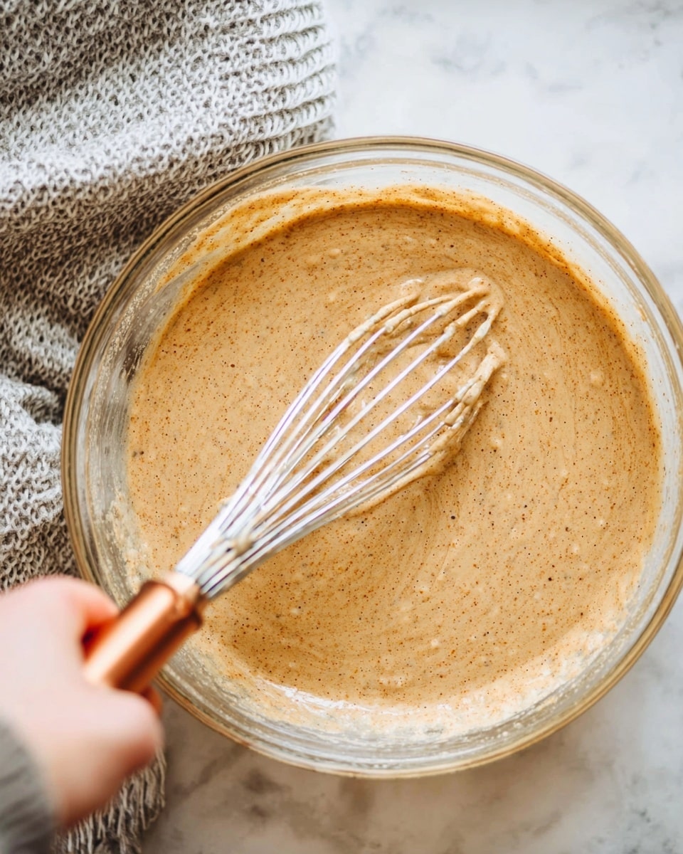 A glass bowl filled with a light brown thick batter that looks smooth with small dark specks all over. A whisk with a metallic silver head and a copper handle is resting inside the bowl, slightly covered with the batter. A woman's hand is holding the whisk. The bowl is placed on a white marbled surface. Photo taken with an iphone --ar 4:5 --v 7