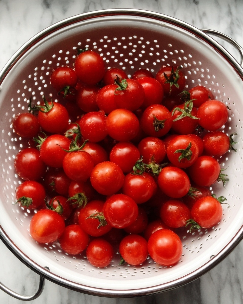 A white colander filled with many small, round red cherry tomatoes, all shiny and fresh, some with green stems still attached. The background is a white marbled texture. Photo taken with an iphone --ar 4:5 --v 7