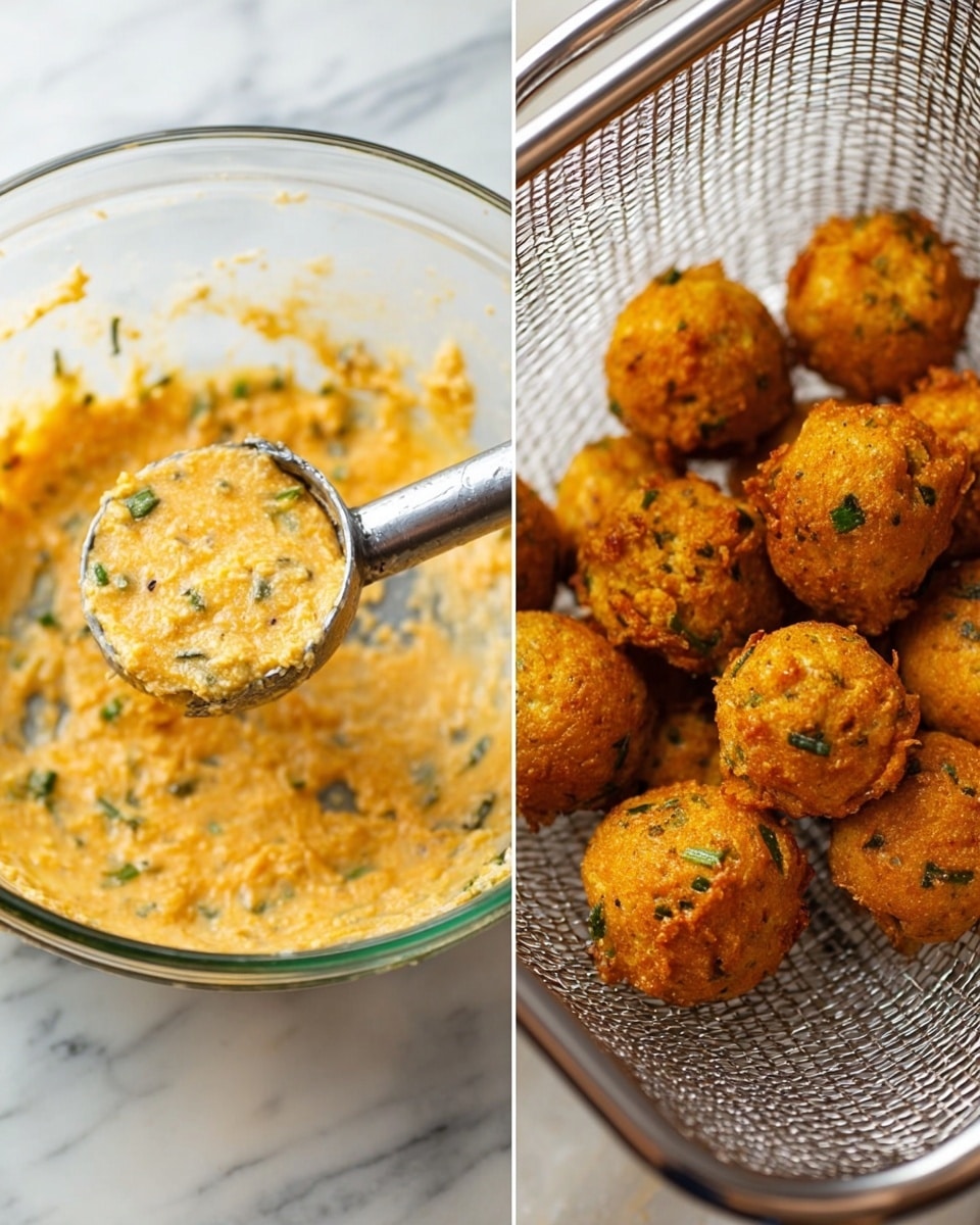 The image shows two side-by-side scenes of a cooking process. On the left, a clear glass bowl filled with a light orange-yellow batter mixed with green bits is visible, with a metal scoop holding a round portion of this mix above the bowl. The texture looks thick and slightly chunky. On the right, several small, round, golden-brown fried balls with green flecks are in a metal fryer basket. The balls have a crispy and slightly uneven surface. The background is a white marbled texture. photo taken with an iphone --ar 4:5 --v 7