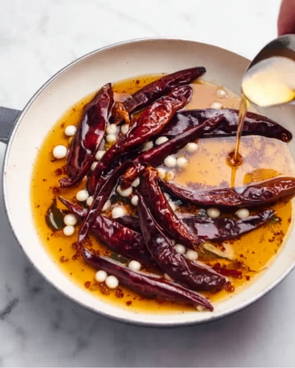 The image shows a white pan on a white marbled surface with several long, dark red dried chili peppers floating in a golden-brown oily liquid. Small white round seeds or grains are scattered in the liquid around the peppers. A woman's hand holding a silver spoon is pouring a light-colored liquid into the pan from the top right. The background and area near the pan are softly blurred, focusing on the pan and the chili peppers inside. photo taken with an iphone --ar 4:5 --v 7