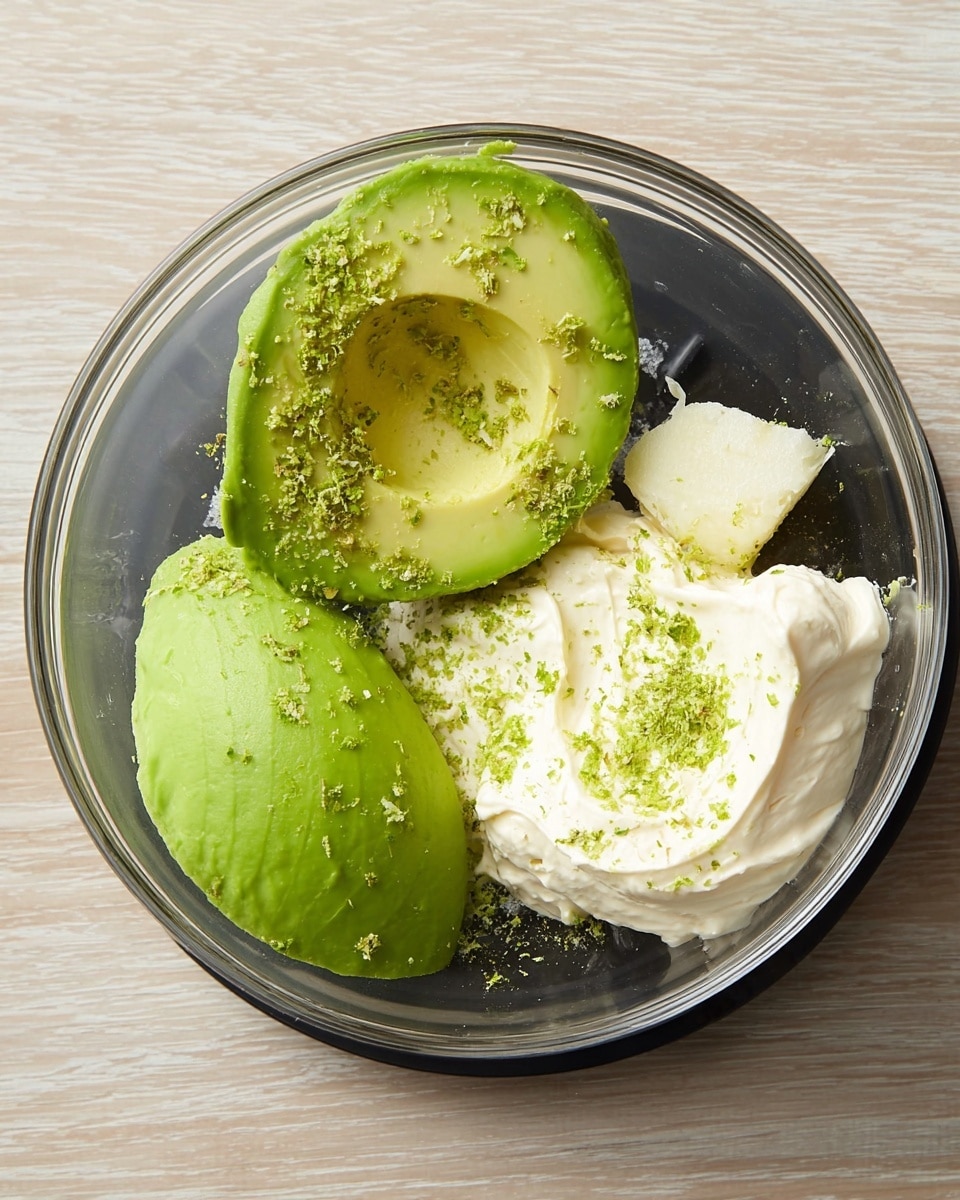 A clear round bowl shows three main ingredients inside: a bright green avocado half with smooth texture on the left, a thick dollop of creamy white mayonnaise on the right sprinkled with green zest, and a small white chunk of garlic placed in the middle. The bowl sits on a black base, and the background surface is light wood. Photo taken with an iphone --ar 4:5 --v 7