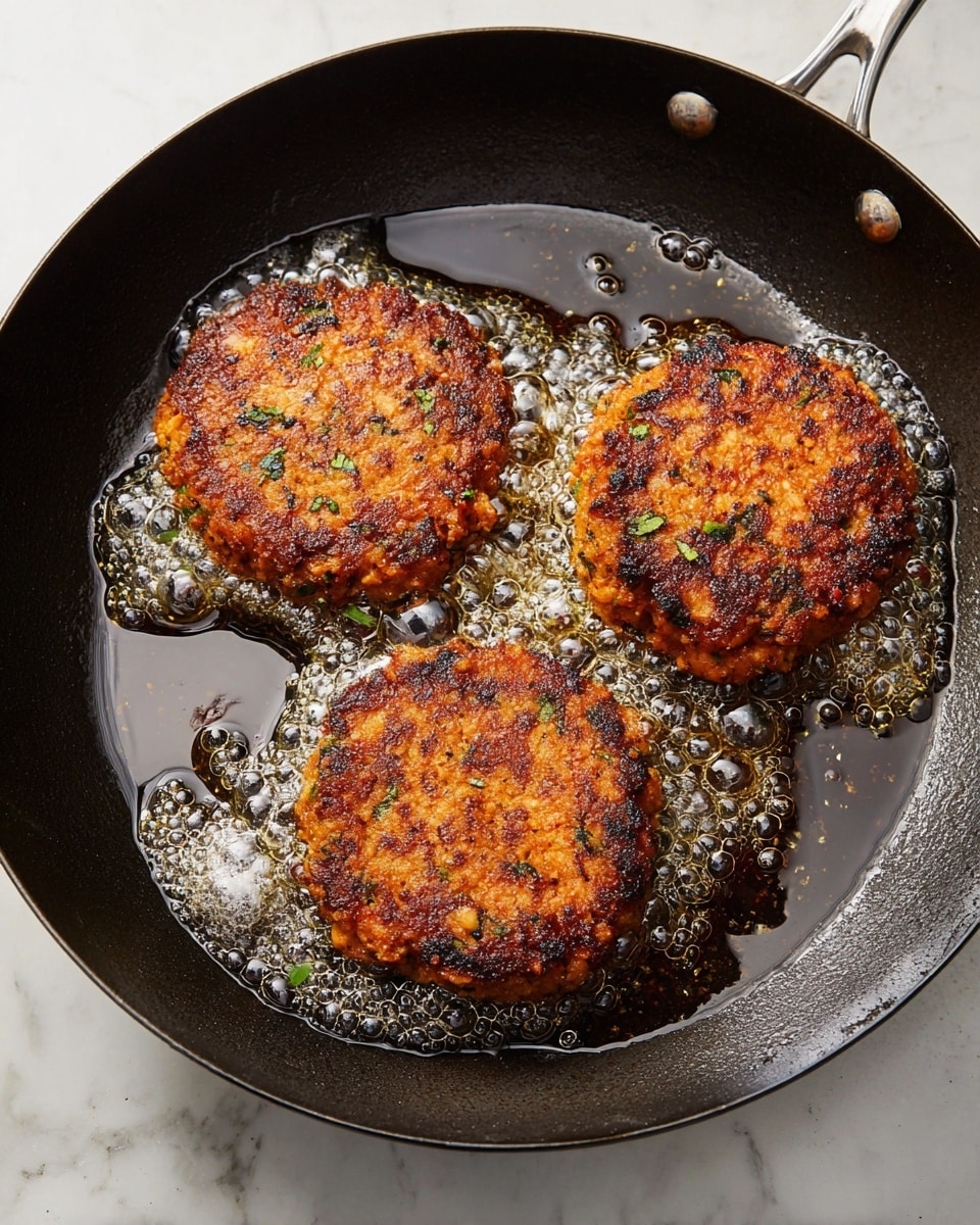 There is a black cast iron pan with three browned patties cooking in hot, shiny oil that has small bubbles around the edges of each patty. Each patty is round and thick with a rough texture showing bits of herbs and orange-red seasoning throughout. The pan is placed on a white marbled surface, creating a clean contrast with the dark pan and oil. The patties look crispy on the outside with some green bits visible in the mix. photo taken with an iphone --ar 4:5 --v 7