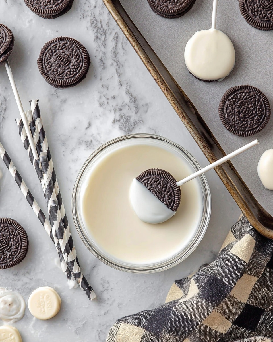 The image shows Oreo cookies on white sticks, some plain dark brown Oreos and some dipped in a smooth white coating on a baking tray lined with parchment paper, set against a white marbled surface. One Oreo pop is being dipped in a clear bowl filled with white coating. Around the bowl are scattered black and white striped and polka dot paper straws, white candy discs, and a black and beige checkered cloth. The scene looks clean and bright. photo taken with an iphone --ar 4:5 --v 7