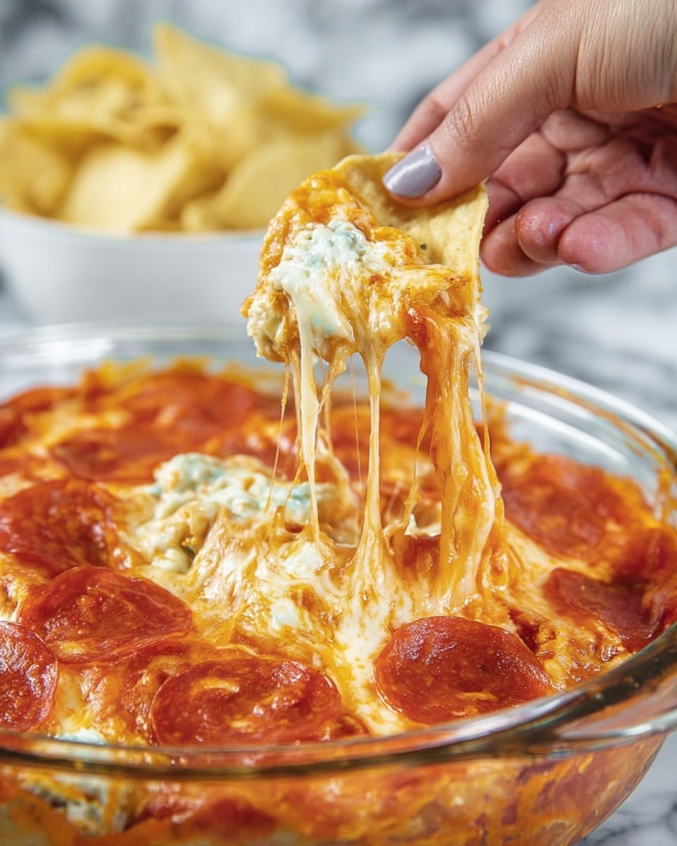 A close-up shows a woman's hand lifting a yellowish tortilla chip full of creamy, melted cheese and orange sauce from a round clear dish. The dish has multiple layers visible: a bottom of bright red-orange sauce, a thick middle layer of stringy white melted cheese mixed with scattered small white chunks, and a top layer of thin, dark red slices of pepperoni. The cheese stretches in long strings from the dish to the chip, and the background has a white marbled texture with a white bowl of tortilla chips slightly out of focus. photo taken with an iphone --ar 4:5 --v 7