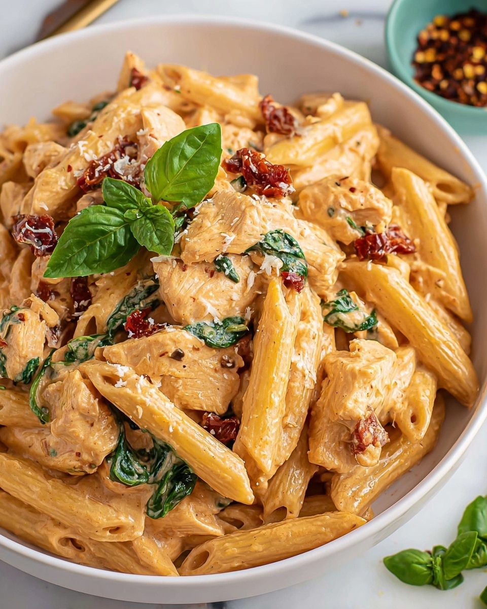 A large spoon lifts creamy pasta from a white bowl filled with tubular pasta shapes like rigatoni and small hollow pasta, all coated in a thick, orange-tinted sauce with visible bits of red sun-dried tomatoes and green spinach leaves. The pasta looks soft and soaked in the sauce, which is creamy and smooth, holding small shredded pieces mixed throughout. The spinach leaves add a fresh green touch, scattered inside the creamy mix and pasta. The overall look is rich and comforting, held by a woman's hand gripping a wooden spoon. The background features a white marbled surface with some blurred bread pieces and greenery in soft focus. photo taken with an iphone --ar 4:5 --v 7