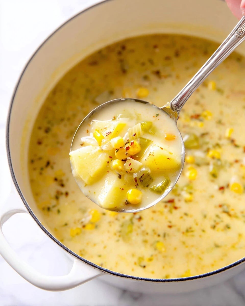 A close-up view of a white pot filled with creamy corn chowder that has a light yellow color with small green and brown specks of herbs. A silver ladle is scooping up a portion of the chowder, showing layers of yellow corn kernels, pale yellow potato chunks, and slices of light green celery in a thick, creamy broth. The ladle is held by a woman's hand at the top left corner. The pot sits on a white marbled surface. photo taken with an iphone --ar 4:5 --v 7