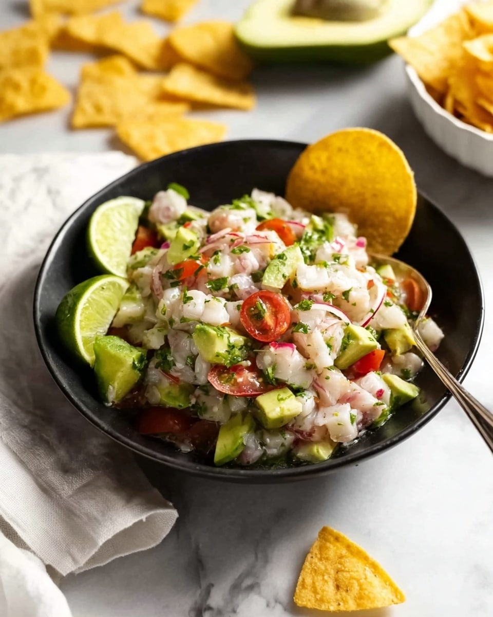 A black bowl holds a fresh ceviche mix with roughly three main layers: diced white fish, cubes of green avocado, and halved bright red cherry tomatoes, all mixed with finely chopped herbs and thin slices of red onion. A golden round chip is placed on the right side of the bowl, near three lime wedges with bright green skin and juicy interiors. A silver spoon rests inside the bowl on the left side. Around the bowl, scattered yellow tortilla chips create a casual look on a white marbled surface, with a white cloth napkin partially visible on the bottom left and a white bowl filled with more tortilla chips blurred in the background. Photo taken with an iphone --ar 4:5 --v 7