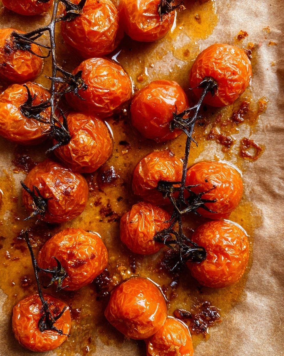 The image shows a single layer of roasted cherry tomatoes on parchment paper. The tomatoes are bright orange-red with wrinkled, slightly charred skins and some blackened stems still attached. There are shiny spots where the tomatoes have released oil, creating a glossy texture, and dark caramelized patches of roasted tomato juice around them. The parchment paper underneath is stained with orange-brown roasted juices and small bits of spice. The scene is close-up and full-frame on the tomatoes and parchment paper, with a warm color tone. photo taken with an iphone --ar 4:5 --v 7