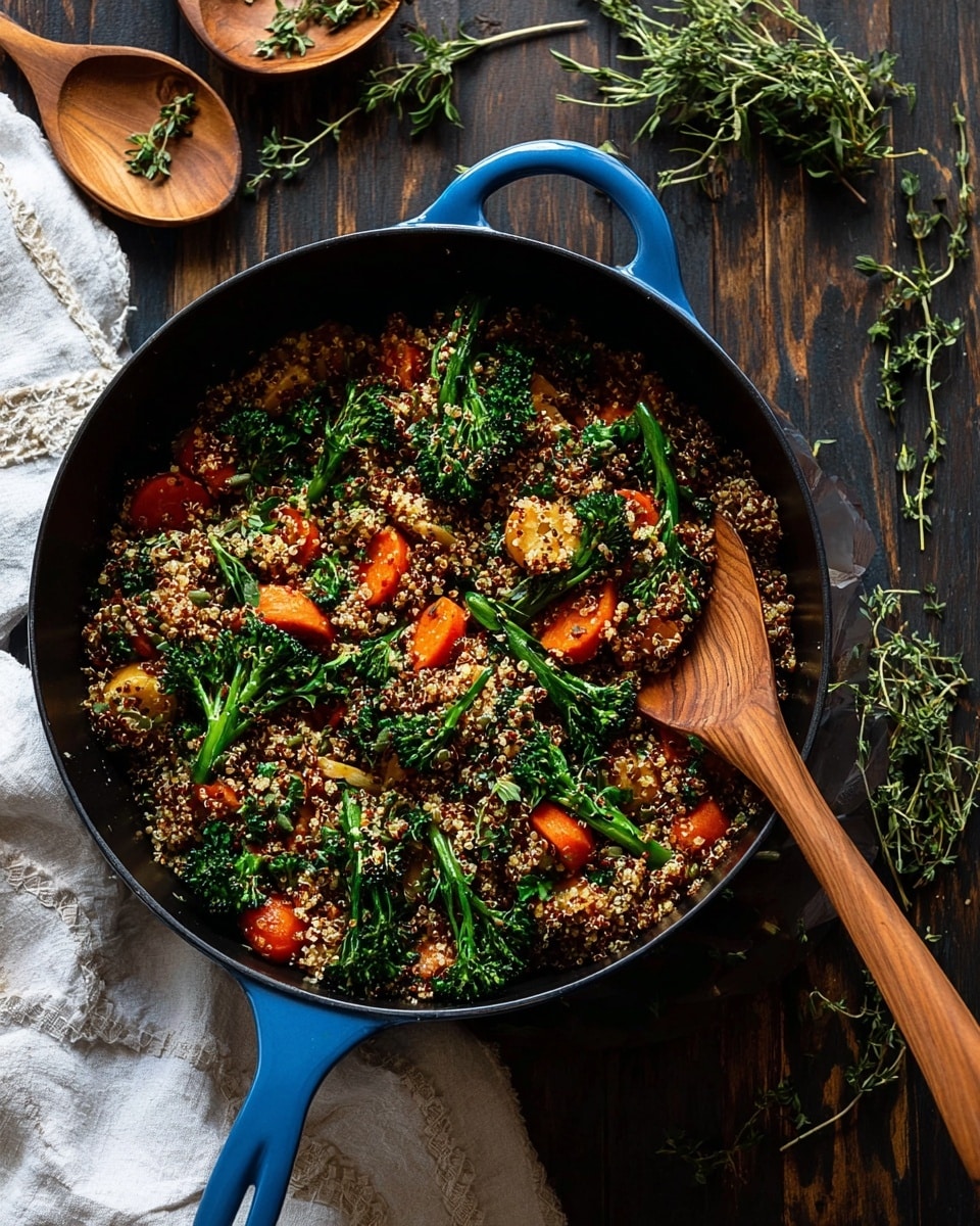 This image shows a close-up of a dark cooking pan filled with cooked quinoa mixed with bright orange slices of carrots, green broccolini with small florets, and red slices of bell pepper. The quinoa is light yellow with small black and red grains scattered throughout. The vegetables are cooked but still maintain their vivid colors and textures, with the broccolini showing firm green stems and leafy tops. The pan has a wooden spoon resting inside on the right side, adding a rustic touch. The background is a white marbled surface. Photo taken with an iphone --ar 4:5 --v 7