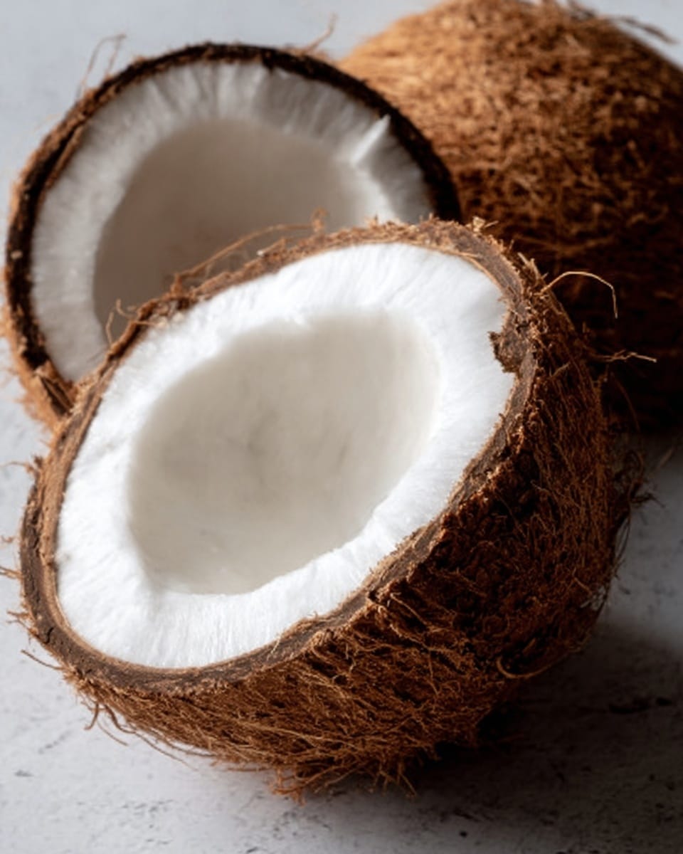 The image shows a close-up of two halves of a coconut with rough brown outer shells and smooth white inner flesh. One half is placed at the back, showing the full round interior, while the other half is in the front but partially out of the frame. The coconut is resting on a white marbled surface that contrasts with the dark brown texture of the shell. photo taken with an iphone --ar 4:5 --v 7