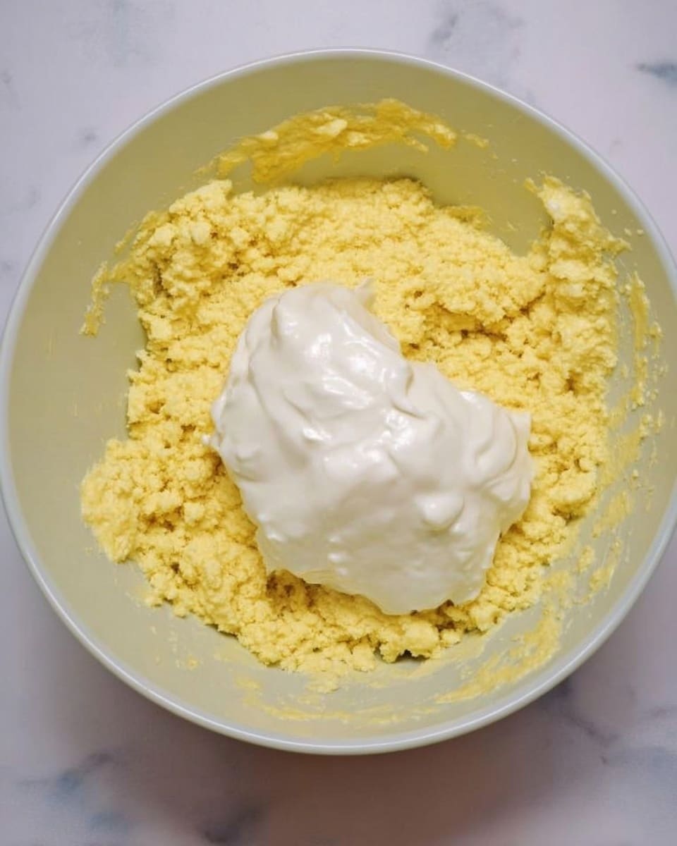 In a white bowl, there is a thick, crumbly yellow mixture that fills most of the bowl. On top of this mixture, there is a large dollop of smooth, white cream that looks soft and fluffy. The bowl sits on a white marbled surface, and the edges of the bowl show some of the yellow mixture sticking to them. Photo taken with an iphone --ar 4:5 --v 7