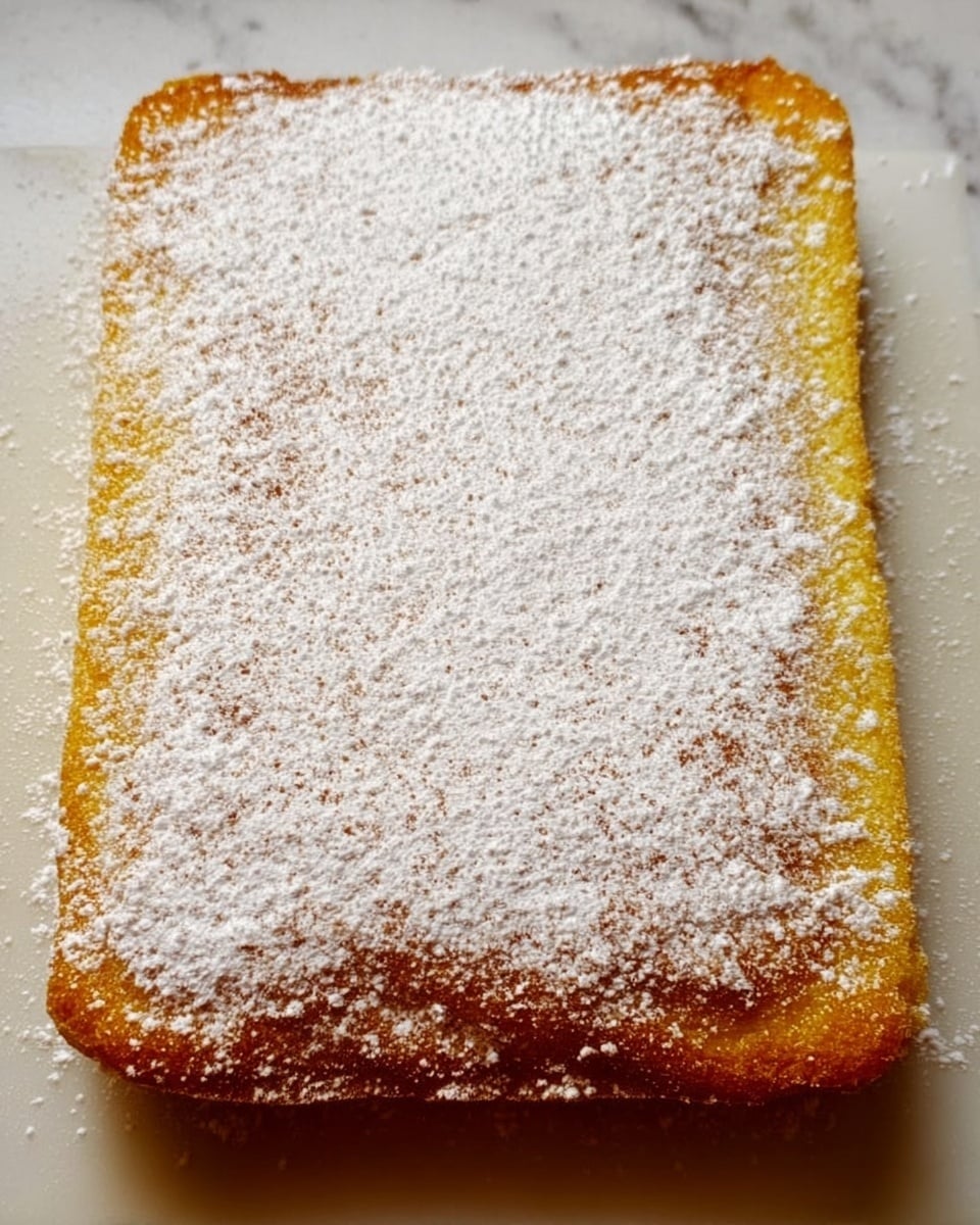 A rectangular yellow cake is shown on a white marble surface, covered evenly with a thick layer of white powdered sugar dusted lightly with cinnamon powder on top, giving a soft texture. The cake's edges are golden brown, hinting at a slightly crisp crust, with no visible layers inside from the outside. photo taken with an iphone --ar 4:5 --v 7