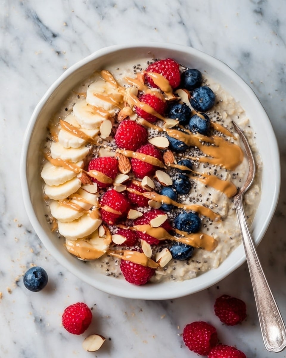 A white bowl filled with creamy oatmeal takes up most of the image, topped with three layers of sliced banana, fresh blueberries, and bright red raspberries arranged in a neat line down the center. Light brown almond pieces and tiny black chia seeds are scattered evenly over the top. Drizzled across everything are thick lines of golden peanut butter adding texture and color contrast. A silver spoon rests inside the bowl on the right side. The bowl sits on a white marbled surface, surrounded by scattered fresh berries on the bottom right. In the top left corner, there is a white coffee mug filled with light brown coffee and a small wooden bowl of chia seeds near the top right. A beige fringed cloth is visible on the lower left side. photo taken with an iphone --ar 4:5 --v 7