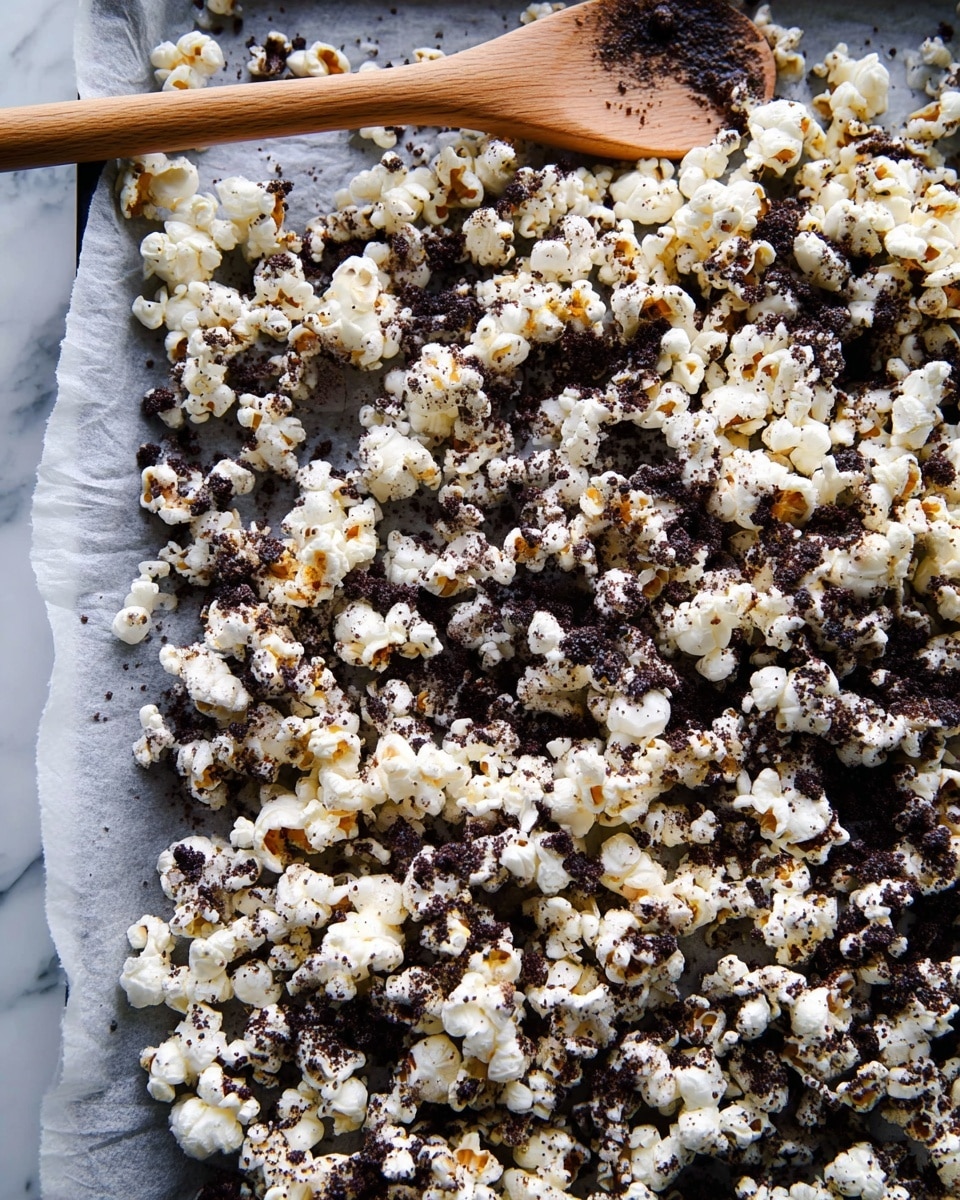 A close-up view of popcorn mixed with a dark crumbly topping spread across a sheet of parchment paper on a tray. The popcorn pieces are white with light brown spots, and the dark topping is unevenly scattered in small clumps and fine particles all over. A wooden spoon with a smooth light wood texture is resting on the tray at the top left corner, touching the popcorn mix. The background is a white marbled surface. photo taken with an iphone --ar 4:5 --v 7