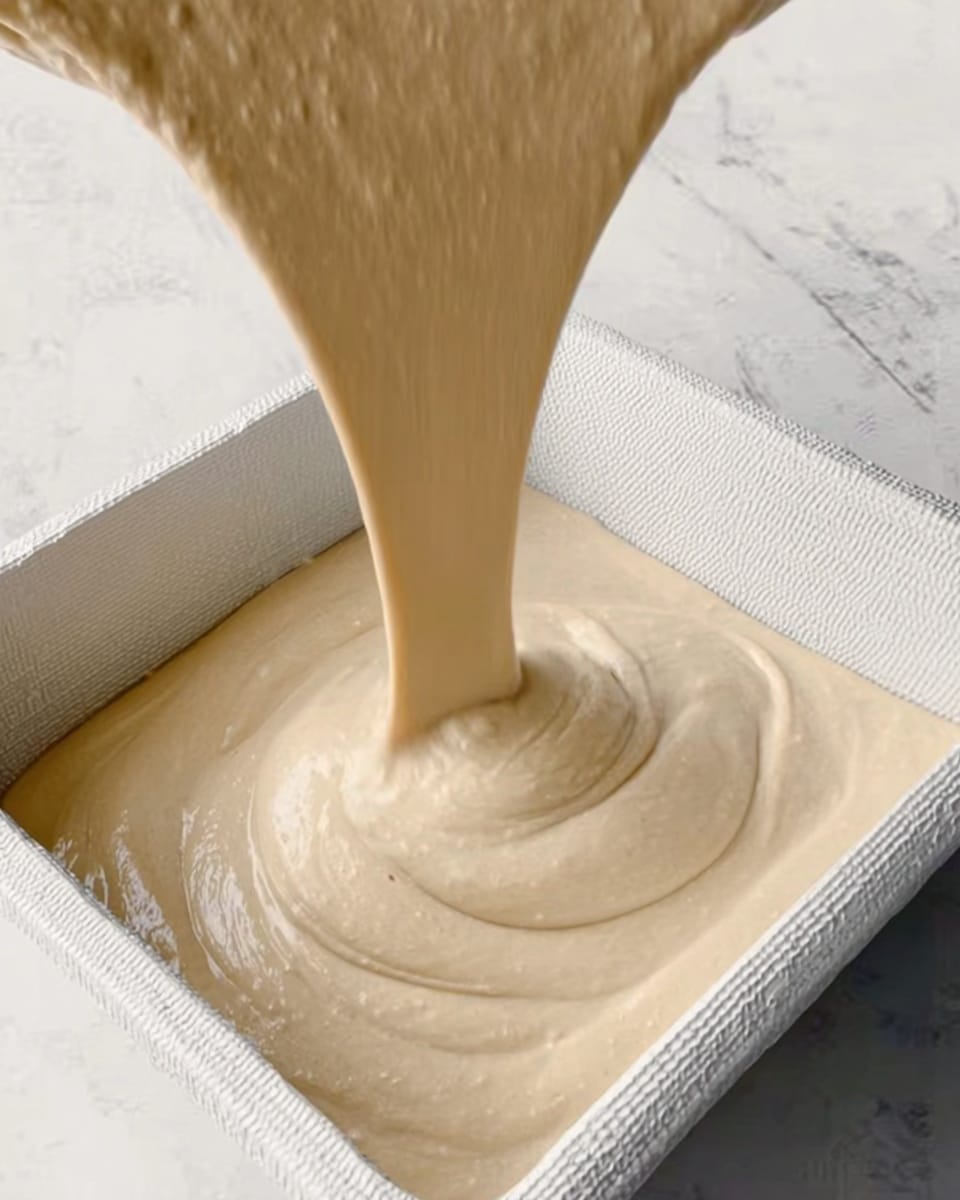 The image shows a thick, smooth, light beige batter being poured from a container into a small white square pan with textured sides and bottom. The batter flows in soft waves and fills up the pan, forming a flat, even layer. The background has a white marbled texture. Photo taken with an iphone --ar 4:5 --v 7
