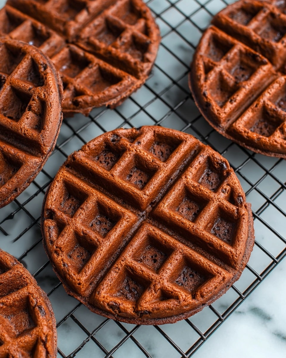 A close-up of several chocolate waffles placed on a black metal cooling rack. Each waffle is round and divided into four equal sections, showing a crispy texture with deep square pockets. The waffles have a rich brown color, with some small darker spots indicating chocolate chips inside. The background surface is a white marbled texture, giving a clean and bright look to the photo taken with an iphone --ar 4:5 --v 7