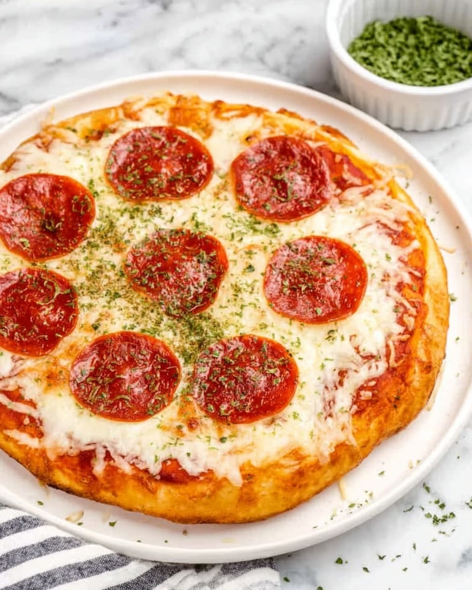 The image shows a round pizza on a white plate, placed on a white marbled texture surface. The pizza has a golden-brown crust and is topped with melted white cheese covering most of the surface. On top of the cheese, there are evenly spaced slices of reddish pepperoni with a slightly shiny texture. Green herbs are sprinkled lightly over the pizza and the plate edge. In the background, there is a small white bowl filled with green herbs and a striped napkin partially visible. Photo taken with an iphone --ar 4:5 --v 7
