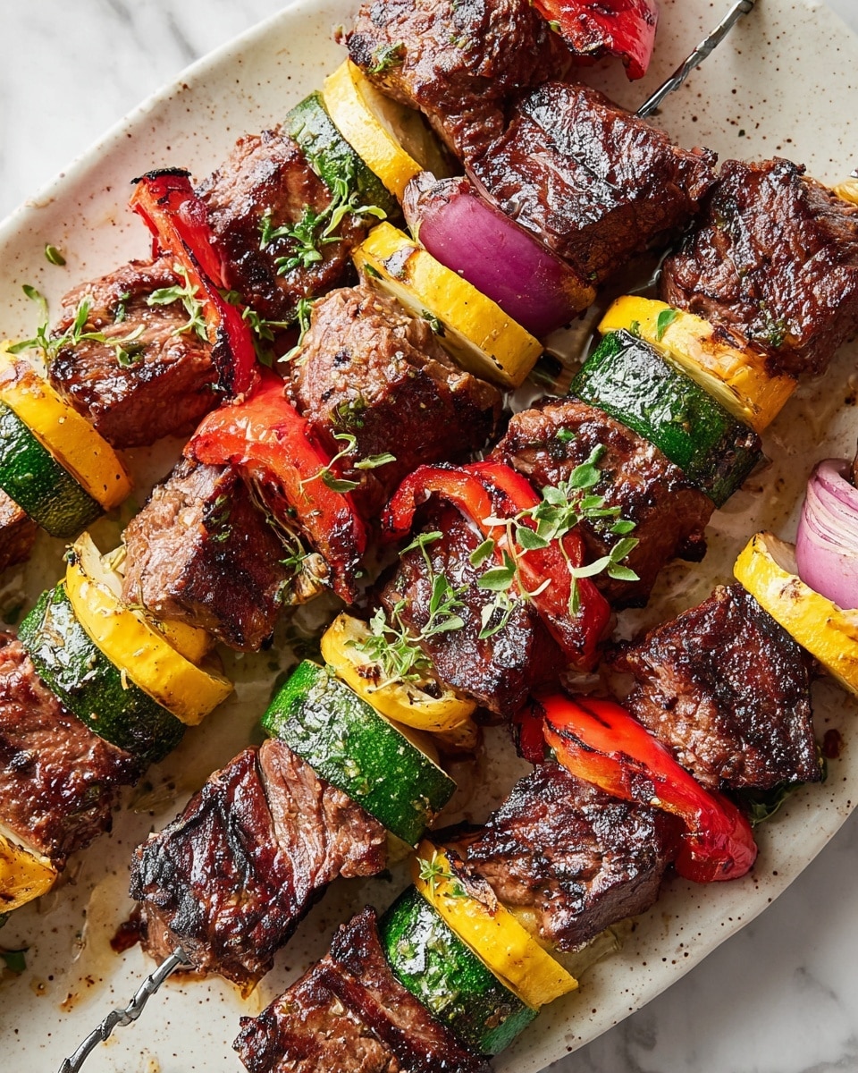 Several metal skewers hold grilled pieces of dark brown meat with charred edges, alternating with thick slices of bright yellow squash, green zucchini, vibrant red bell peppers, and purple onion layers. The skewers rest on a white plate with subtle speckles, placed on a white marbled surface. Small green herb leaves are sprinkled across the food, adding a fresh touch. The close-up view shows the juicy texture of the meat and the grilled marks on the vegetables, creating a colorful and appetizing scene. photo taken with an iphone --ar 4:5 --v 7