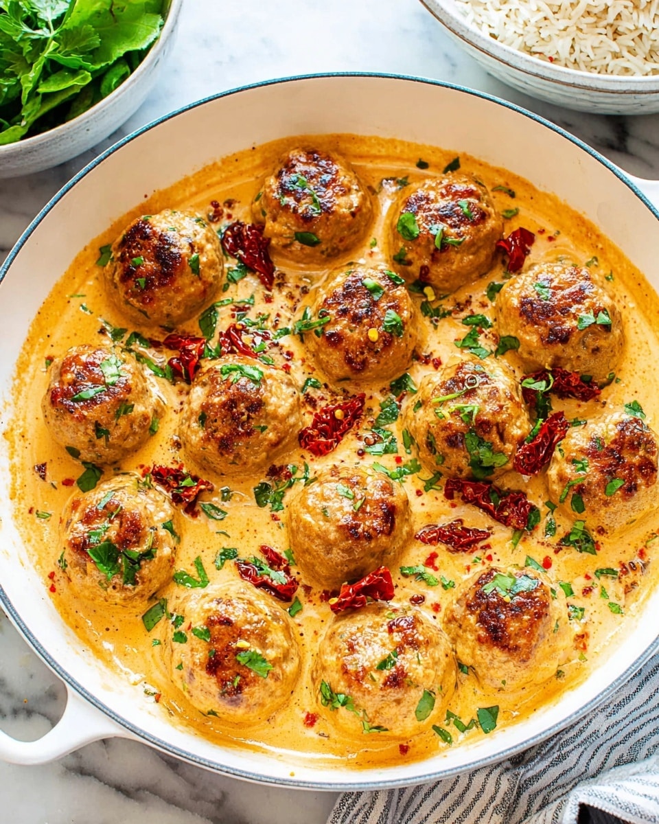 A close-up of round meatballs with a light brown textured surface full of herbs, covered in a creamy, smooth, bright orange sauce filled with small red chili flakes and green herb bits. Each meatball is topped with bits of red roasted pepper and sprinkled with grated white cheese and small green fresh leaves. The meatballs and sauce are placed on a white marbled surface. photo taken with an iphone --ar 4:5 --v 7