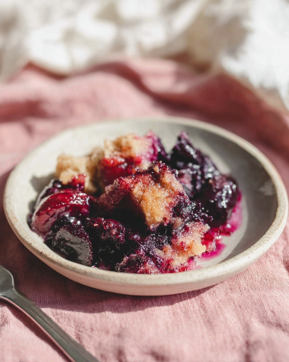 The image shows a small white ceramic plate with a few pieces of dark purple and red cooked fruit, likely berries, mixed with some light golden-brown crust pieces on top. The fruit looks soft and shiny, with a mix of deep purple and bright red colors, while the crust pieces are slightly crisp and have a rough texture. The plate is placed on a soft pink cloth, and part of a metallic fork is visible in the bottom left corner. The background has a soft and warm feel with a blurred white marbled texture. photo taken with an iphone --ar 4:5 --v 7