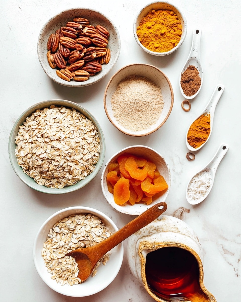 A flat lay of various ingredients arranged neatly on a white marbled surface, featuring ten containers and three spoons. Starting from the bottom, a large white bowl filled with light beige rolled oats holds a wooden spoon partly buried in the oats. To the left, a smaller white bowl contains rich, brown pecan nuts. Above that, a white speckled bowl with light brown powder sits next to a small white bowl filled with beige sunflower seeds. To the right of the sunflower seeds, there's a large white bowl holding vibrant golden turmeric powder. Above it, an empty white bowl is visible. Below and to the right of the turmeric, a white speckled pitcher is filled with dark amber maple syrup. Near the syrup, a white bowl contains off-white coconut flakes. To the right of the empty bowl, a white bowl holds bright orange dried apricot slices. Along the top, three white ceramic spoons display small amounts of ingredients: amber vanilla extract, white salt, and coarse black pepper, paired with a wooden spoon holding cinnamon powder. The scene is clean, bright, and organized with a natural light effect and subtle shadows from the containers. photo taken with an iphone --ar 4:5 --v 7
