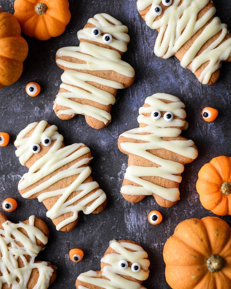 The image shows several cookie-shaped treats designed to look like mummies. Each cookie has a light brown base layer with a soft texture. They are covered with a layer of white icing that creates a smooth surface, and this is topped with thin, uneven lines of white drizzle mimicking mummy wrappings. Small circular candy eyes with black centers are placed on each cookie near the top. One cookie is broken in half, revealing a thick dark red jam filling inside. The cookies are arranged on a dark surface with scattered candy eyes around. Photo taken with an iphone --ar 4:5 --v 7