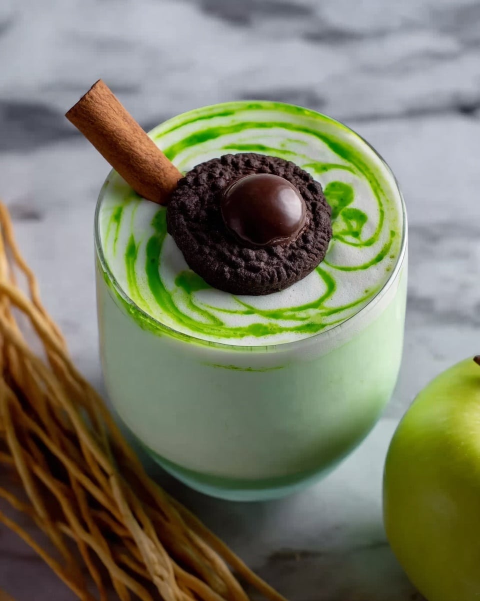 A clear glass dessert cup with three layers is shown on a white marbled surface. The bottom layer is dark brown with a crumbly texture, the middle layer is thick and pale green, and the top layer is a smooth light green cream with swirling darker green patterns on its surface. On top, there is a single dark cookie with a shiny chocolate drop placed on it, and a small brown pretzel stick is inserted into the cream on the other side. The background is dark, making the light colors of the dessert stand out vividly, photo taken with an iphone --ar 4:5 --v 7