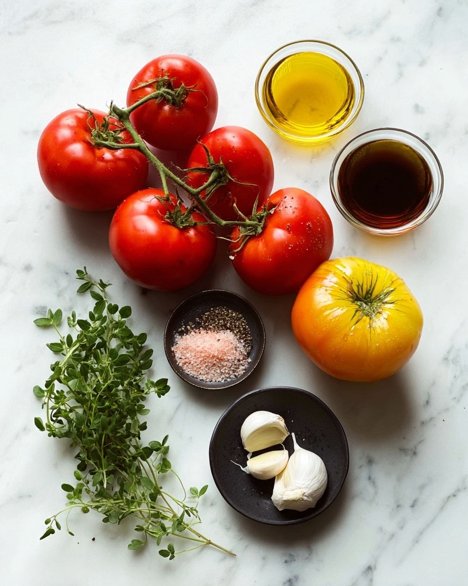 The image shows fresh ingredients on a white marbled surface arranged neatly. There are six red tomatoes still on the vine with smooth, shiny skin, and one large yellow tomato with visible ridges and a green top. Two small clear glasses hold a golden yellow liquid and a dark brown liquid, placed near the top center. A round black dish contains two peeled garlic cloves, pink salt, and black pepper. At the bottom left, a small bunch of fresh green herbs with pointed leaves lies flat. The lighting highlights the freshness and vibrant colors of the ingredients. Photo taken with an iphone --ar 4:5 --v 7