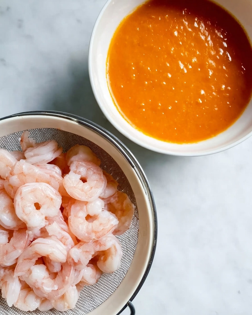 The image shows two white bowls placed on a white marbled surface. The top bowl contains a smooth, bright orange sauce with a slightly shiny texture and some small bubbles on the surface. The bottom bowl is a colander filled with pale pink shrimp, showing their curled shapes and slight translucency. The shrimp have a delicate, soft texture and the holes of the colander are visible beneath them. Photo taken with an iphone --ar 4:5 --v 7