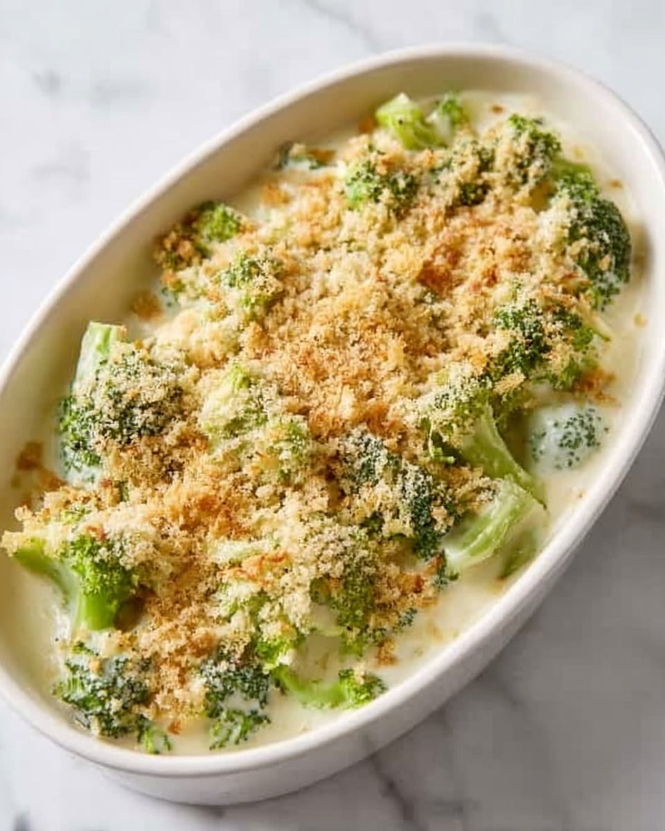 The dish is presented in a white oval baking dish filled with three visible layers. The bottom layer is a creamy white sauce that smoothly covers the base. On top of the sauce, there are evenly spread bright green broccoli florets, slightly soft in texture. The top layer is a thick coating of light golden breadcrumbs, adding a crunchy texture. The dish sits on a white marbled surface, giving a clean and bright background. photo taken with an iphone --ar 4:5 --v 7