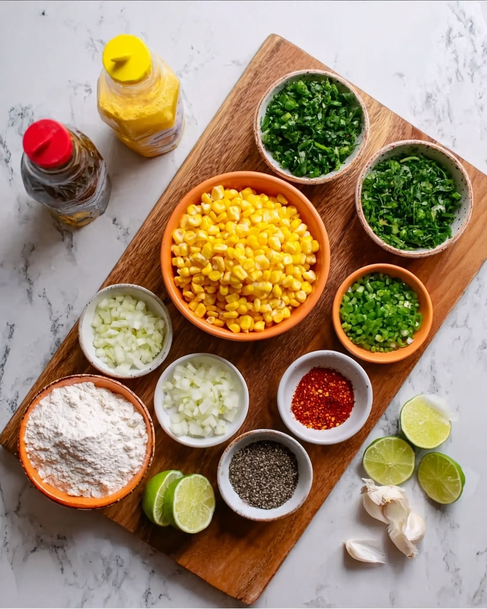 The image shows a wooden board on a white marbled surface holding several small white bowls and orange bowls filled with various ingredients. Starting from the largest orange bowl, there is bright yellow corn in the center. Around it are smaller orange bowls containing finely chopped green herbs, chopped garlic, chopped green chili, and finely chopped onions. There are also small white bowls with red powder, black pepper, and white diced onions. On the board, there are two lime halves placed side by side, and a small white bowl with white flour and baking powder. To the side of the board are two bottles, one with a yellow cap and the other with a red cap. The whole setting has a clean and fresh look with vibrant colors. Photo taken with an iphone --ar 4:5 --v 7
